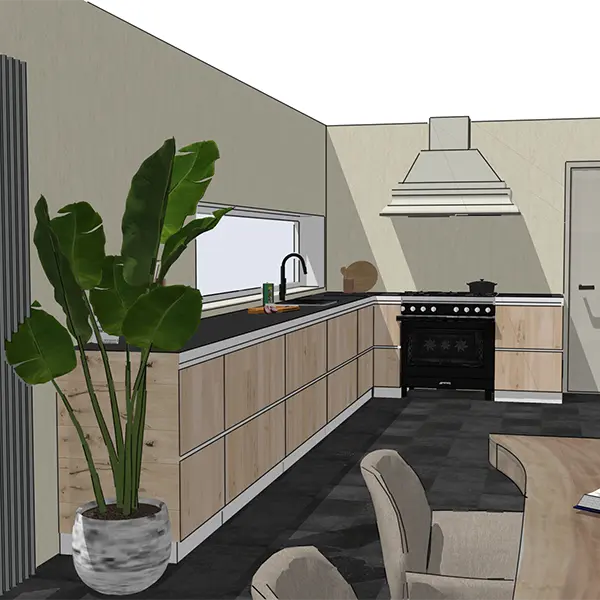 interieurontwerp voor een keuken in 3d uitgewerkt door interieurstylist van Studio Blanco